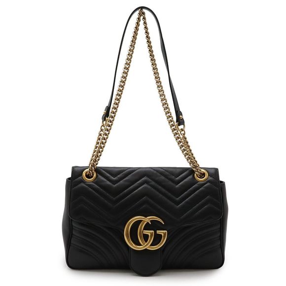 Gucci GG Marmont Chain Shoulder Bag Pochette Quilted Leather Black Black Gold - Picture 1 of 8